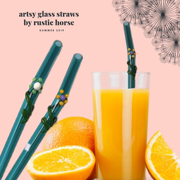 Flora Collection  Drinking Glass Straws (Onyx & White) by  Glass studio